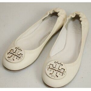 Tory Burch Patent Minnie Travel Ballet Flat Shoe in White GARDENIA Size 7.5 M